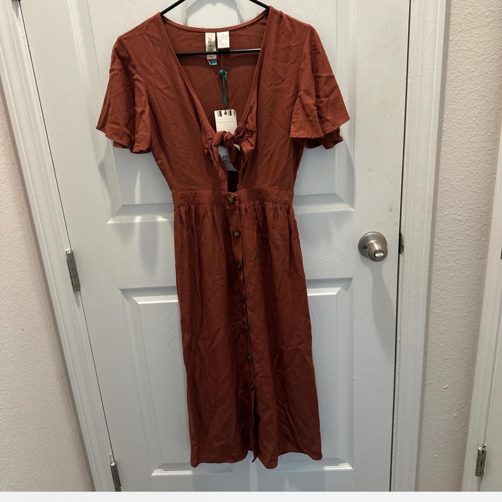 Mimi China Rust Tie-Front Button-Down Midi Dress
